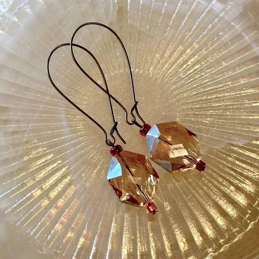 Handmade Topaz & Red Glass Drop Earrings Kidney Wire Burnished Brass - Picture 1 of 2